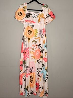 Floral Puff-Sleeve Maxi Dress in White with Multi-Color Blooms